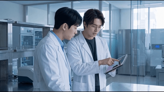 Scientists discussing data on a tablet