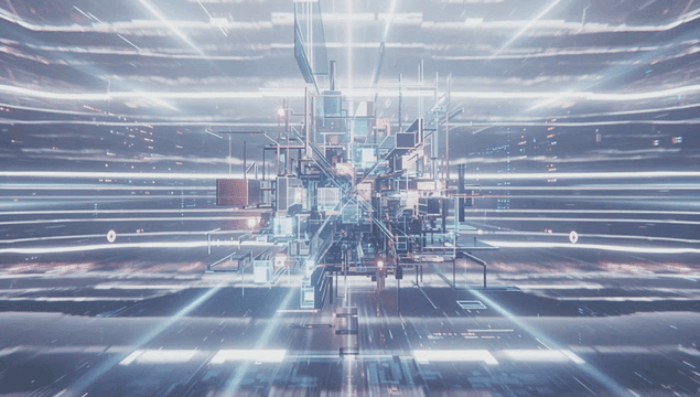 Futuristic digital structure with light beams