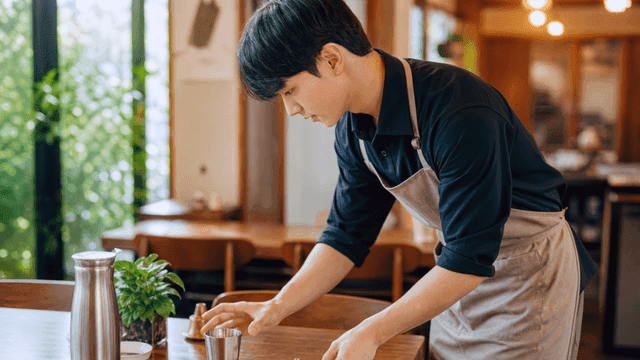 식당 식탕을 정돈하는 종업원