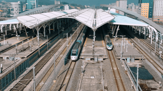 Modern train station with high-speed trains