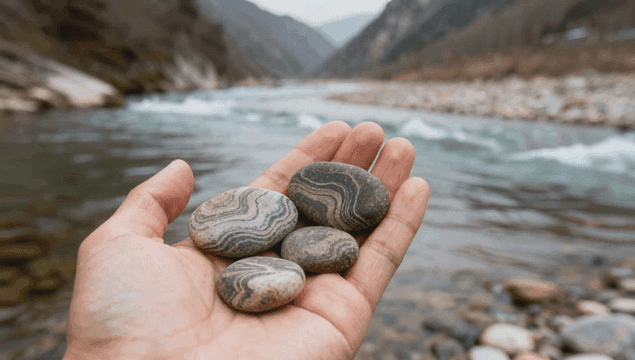 흐르는 강가에서 돌을 들고 있는 손