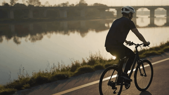 Cyclist riding along a riverside path
