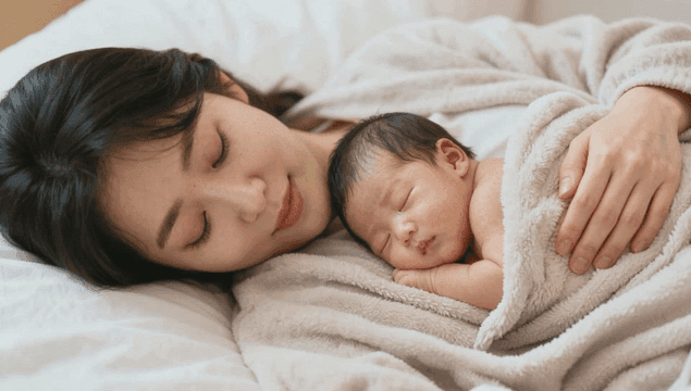 Mother lying down holding her newborn baby
