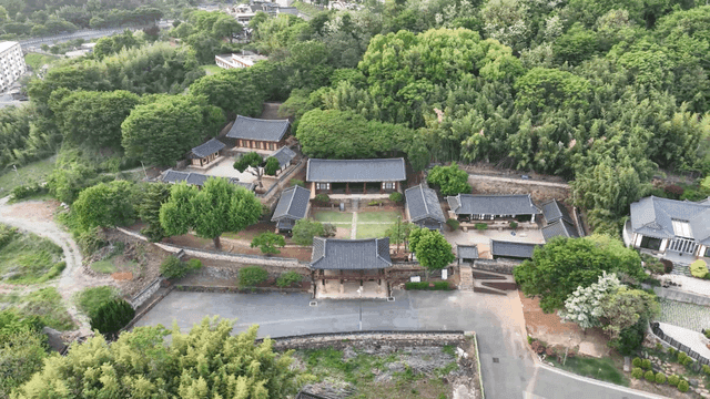 Traditional Korean houses surrounded by lush greenery