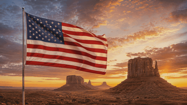 American flag waving in a desert landscape