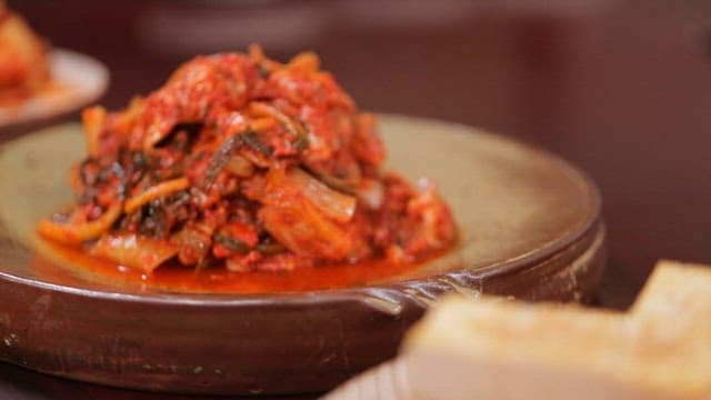 Kimchi and tofu on a plate