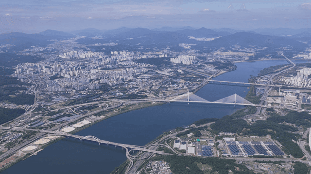 Aerial view of city with rivers and bridges