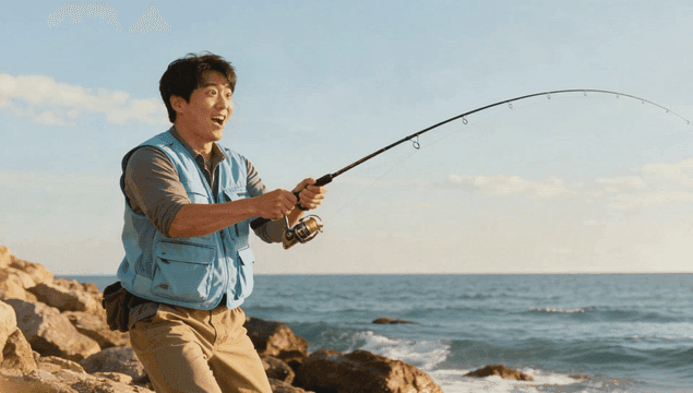 바위 해안에서 낚시하는 행복한 남자