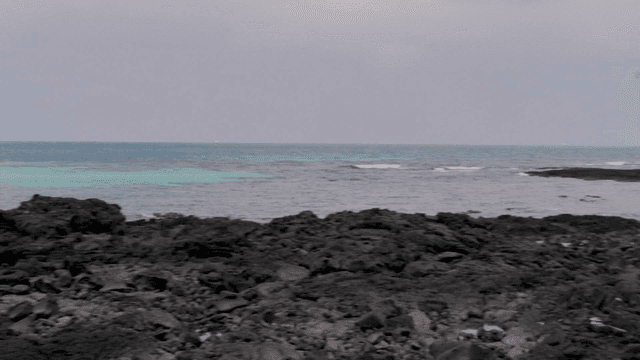 Rocky beach with lighthouse visible in distance