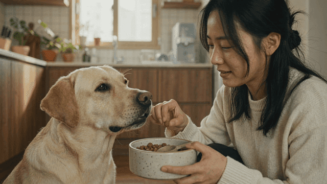 Woman hand-feeding Golden Retriever
