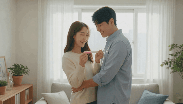 집 거실에서 임신 테스트 결과를 축하하는 부부