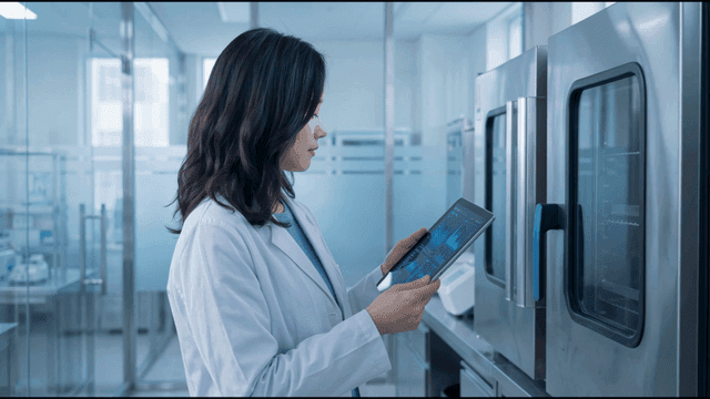 Female scientist checking data while holding laboratory tablet