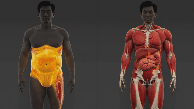Human anatomy with muscle and fat layers