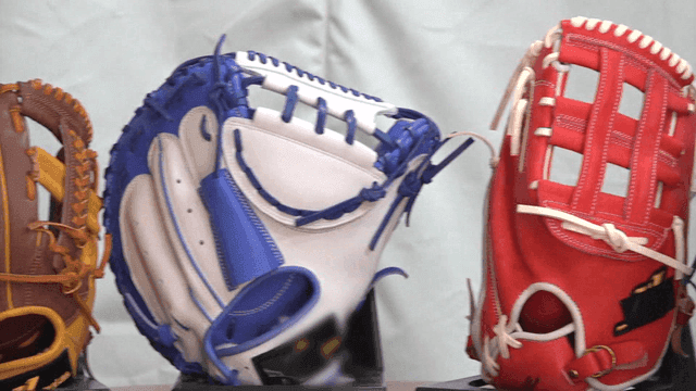 Various baseball gloves displayed indoors