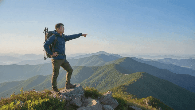 산 정상에서 먼 곳을 가리키는 중년 남성 등산객
