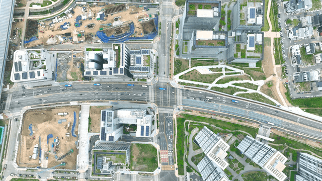 Aerial view of a modern city intersection