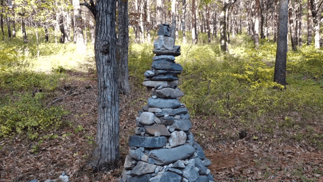 Stone cairn in a serene forest