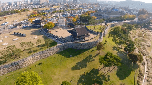 Historic fortress in a vibrant cityscape