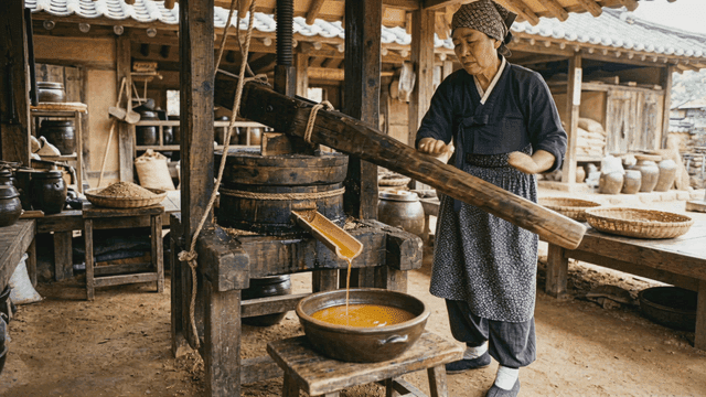 Elderly woman extracting oil using traditional methods