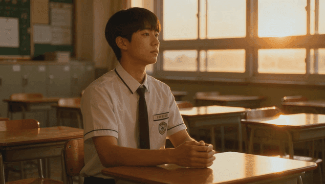 Male student in a sunset classroom after school
