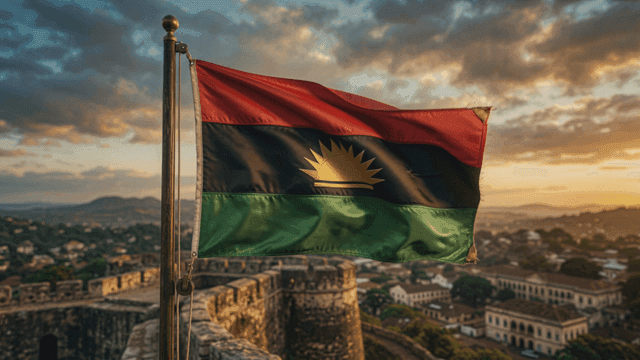 Flag of Republic of Biafra fluttering over historic cityscape