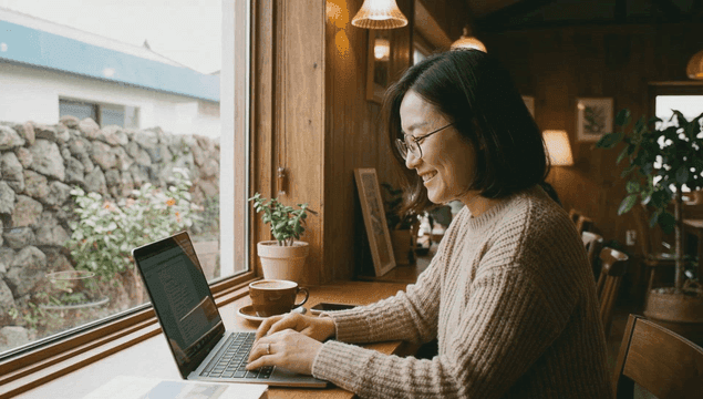 Woman working on a laptop in a cozy cafe