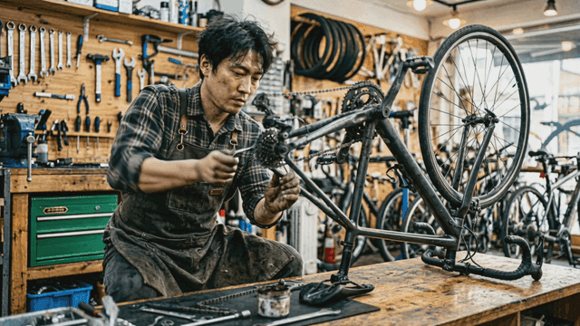 Mechanic repairing bicycle in workshop