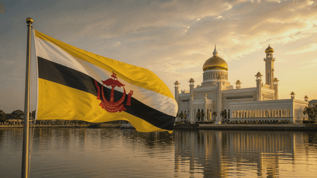 Magnificent mosque with Brunei flag at sunset