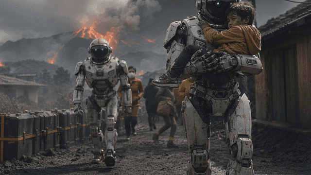 Robots evacuating people near an erupting volcano
