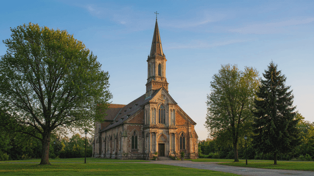 Church surrounded by trees in park