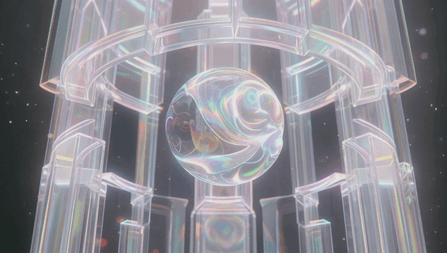 Colorful swirling orb in a glass structure