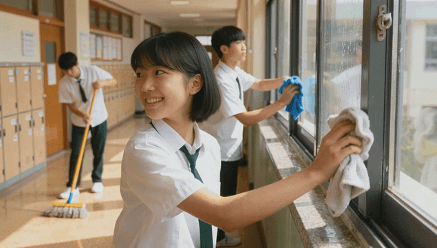 Students cleaning windows in a school hallway