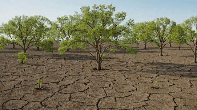 Trees growing in a dry cracked desert