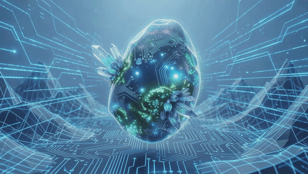 디지털 패턴이 있는 빛나는 크리스탈