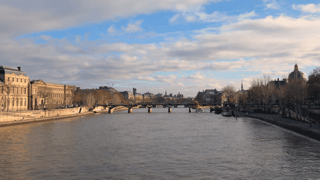 River scenery with European bridges and buildings