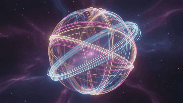 구 형태를 이루는 다채로운 빛의 궤적