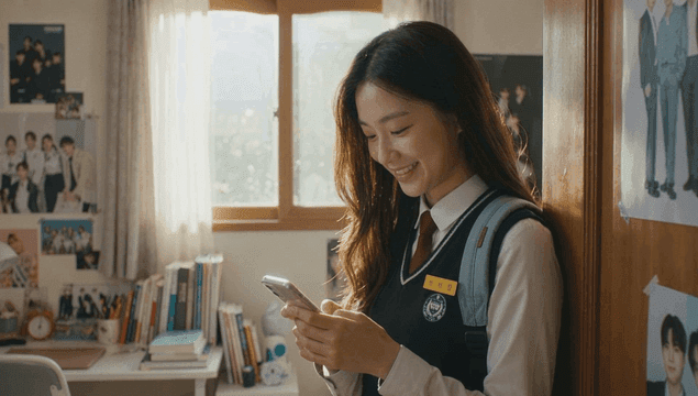 A student smiling while using a phone