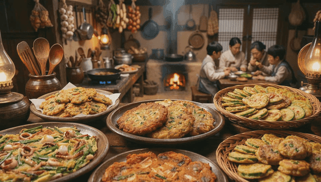 Traditional Korean pancakes in a cozy kitchen
