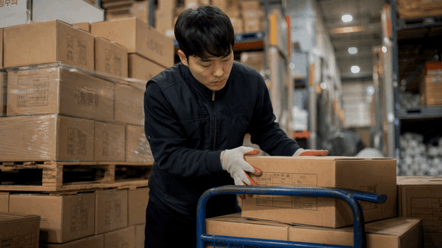 창고에서 상자를 쌓는 작업자