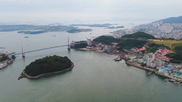 Coastal city with a bridge and islands