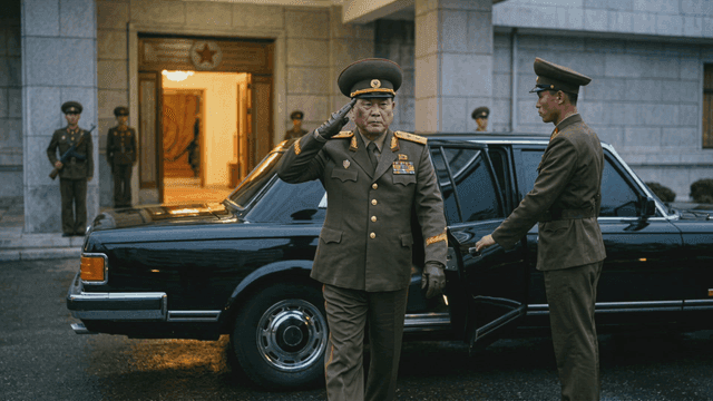 North Korean military officer saluting next to vehicle