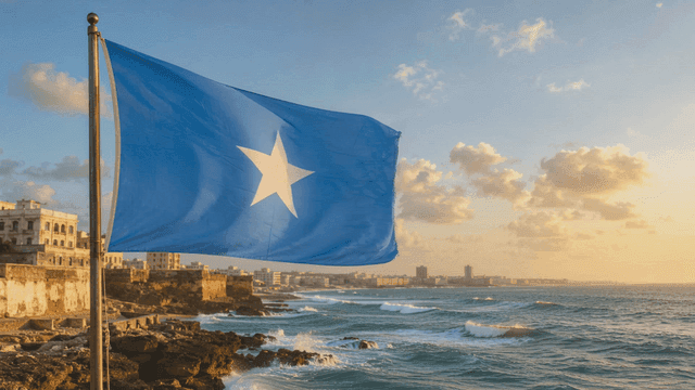 Somali flag fluttering on beach at sunset