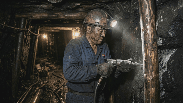 North Korean miners working in dark underground tunnels