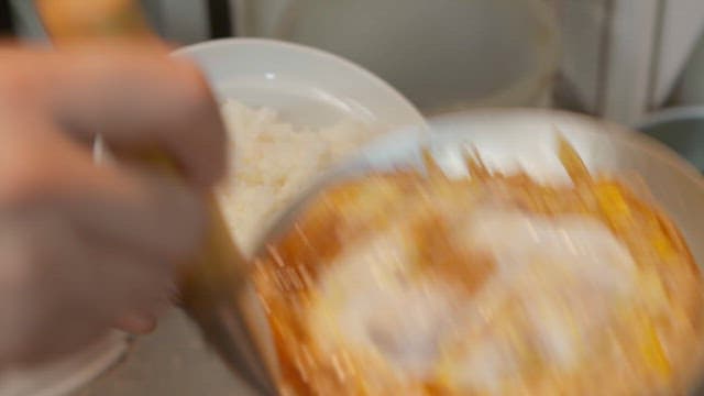 그릇에 담긴 쌀밥 위에 계란을 입힌 돈가스를 얹어 만든 가츠동