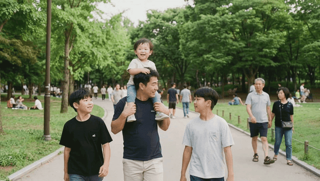 Family enjoying walk in park with baby on their shoulders