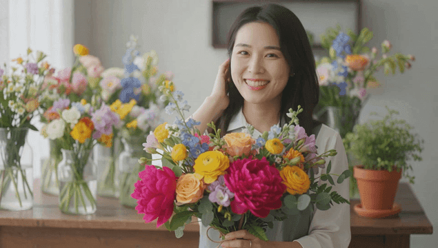 꽃가게에서 화려한 꽃다발을 들고 미소 짓는 여성