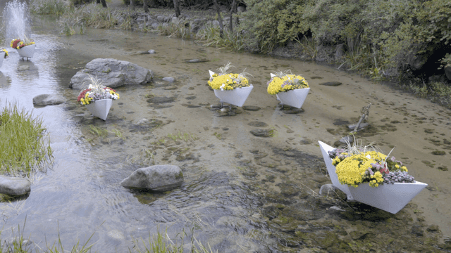 시냇물 위에 떠 있는 화려한 꽃 장식