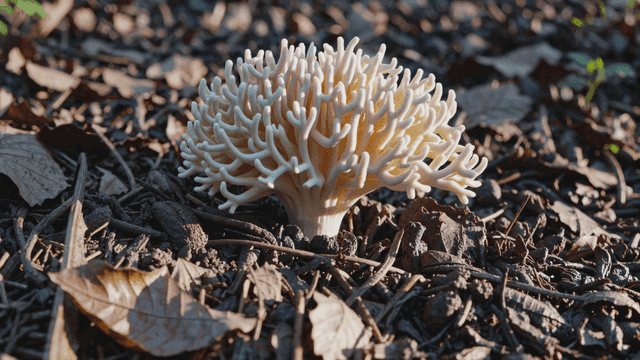 Unique mushrooms growing on forest floor