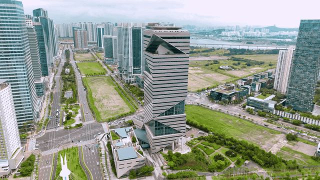 Modern cityscape with skyscrapers and roads