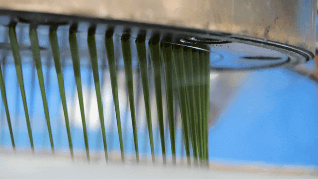 기계에서 나오는 녹색 플라스틱 실들